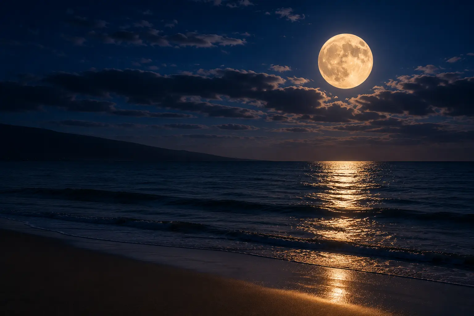 Full moon rising over a calm ocean